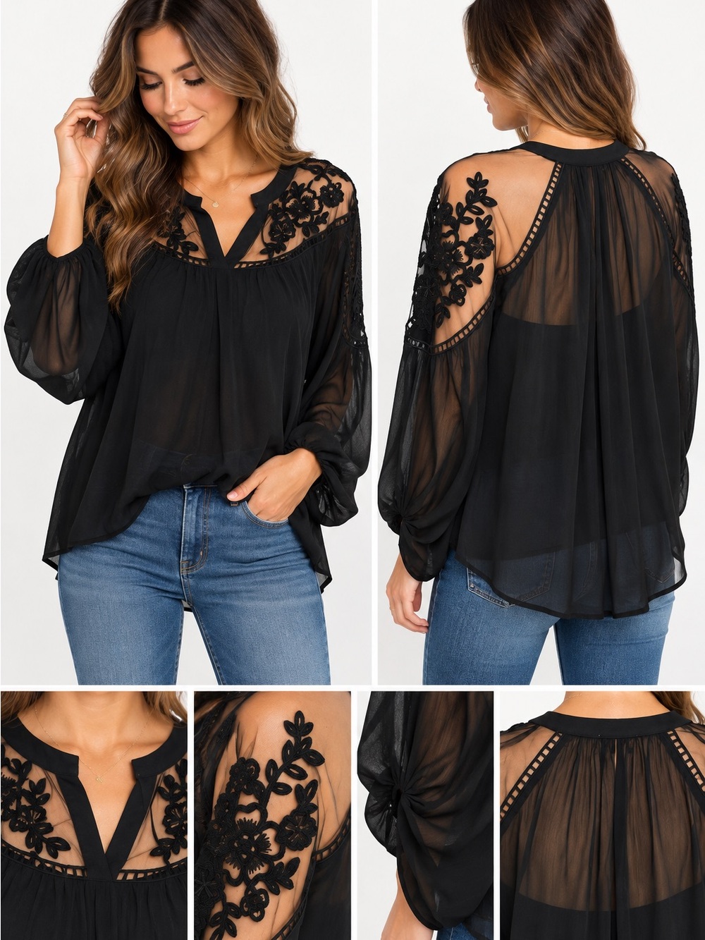 Hayden Los Angeles Black Floral Appliqué Sheer Blouse - Women Tops S/M